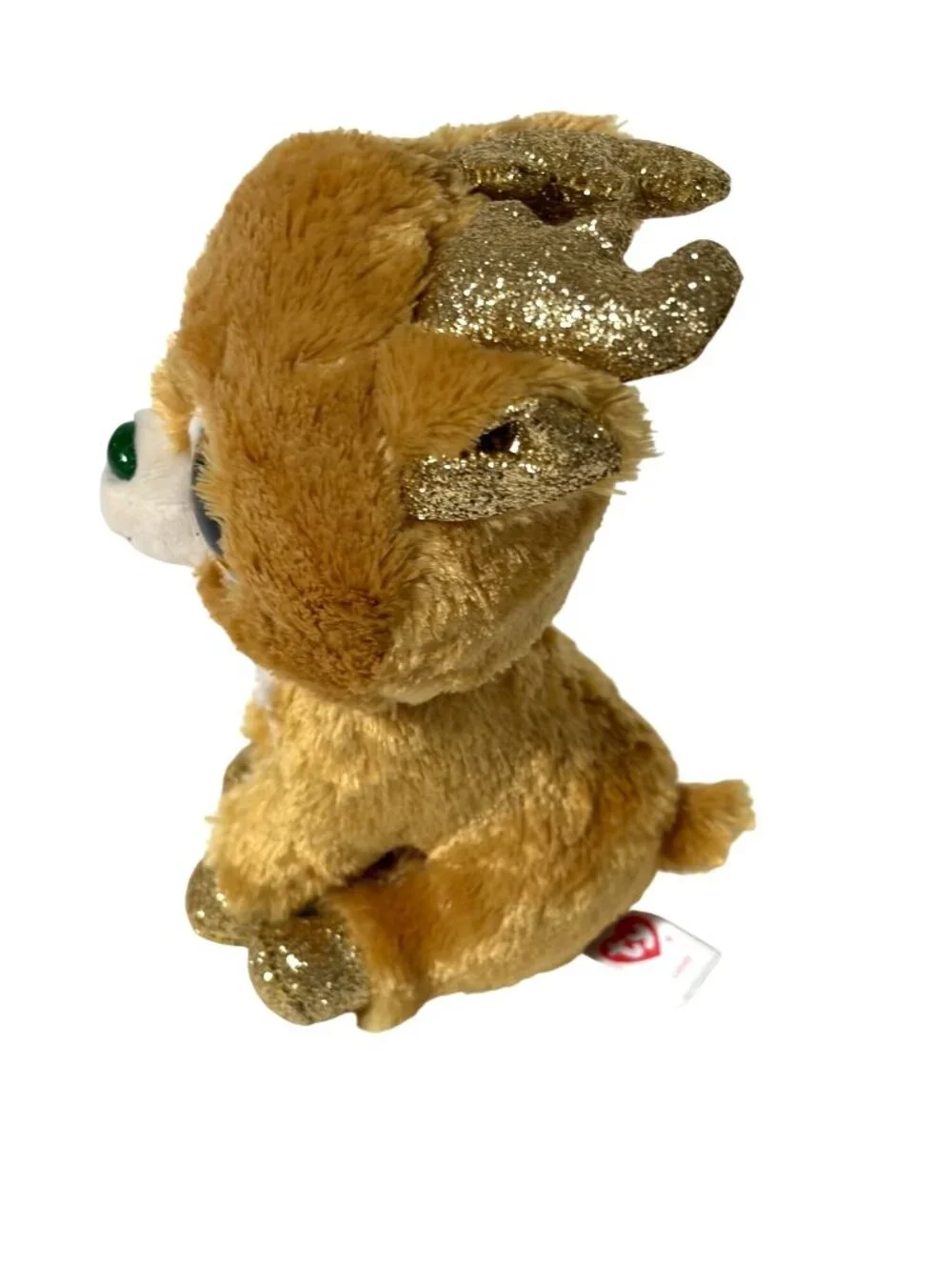 Ty Beanie Boos Plush Glitzy Reindeer 6 in tall Gold Sparkle Eyes HOrns Hoof Beig